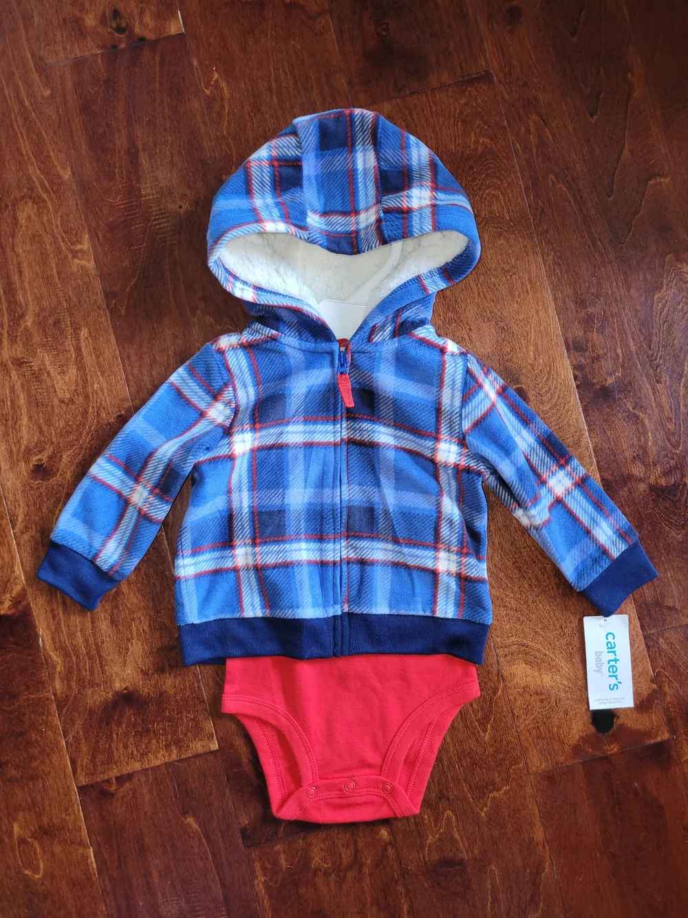 Carter's Blue Plaid Hooded Fleece Jacket with Red Bodysuit - Picture 1 of 2